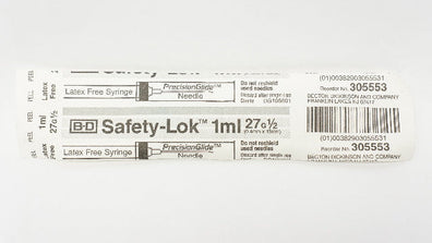 Becton 305553 B-D Sfety-Lok Latex Free Syringe PrecisionGlide Ndle 1ml 27G 1/2